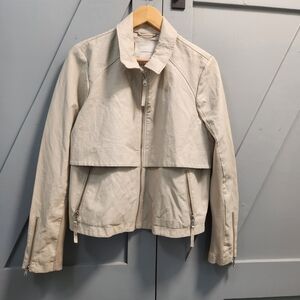 Anthropologie Mixed Media Moto Jacket L Cream Faux Leather Knit Anorak Full Zip